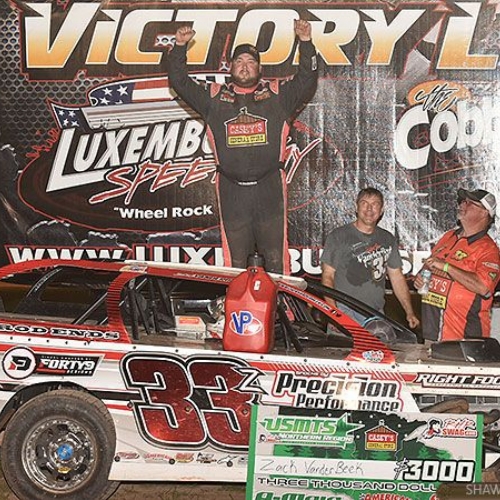Zack celebrates after winning Round #1 of the USMTS Badgerland Summer Shootout presented by Prestige Custom Cabinetry at the Luxemburg Speedway in Luxemburg, Wis., on Tuesday, July 11, 2017.